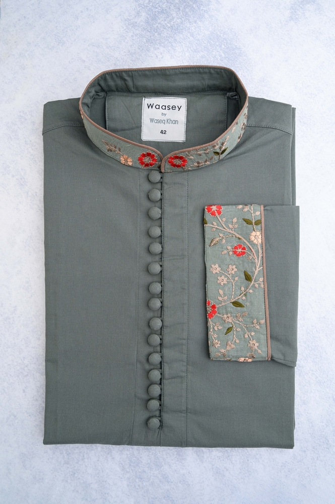 Grey Panjabi with Red Floral Embroidery